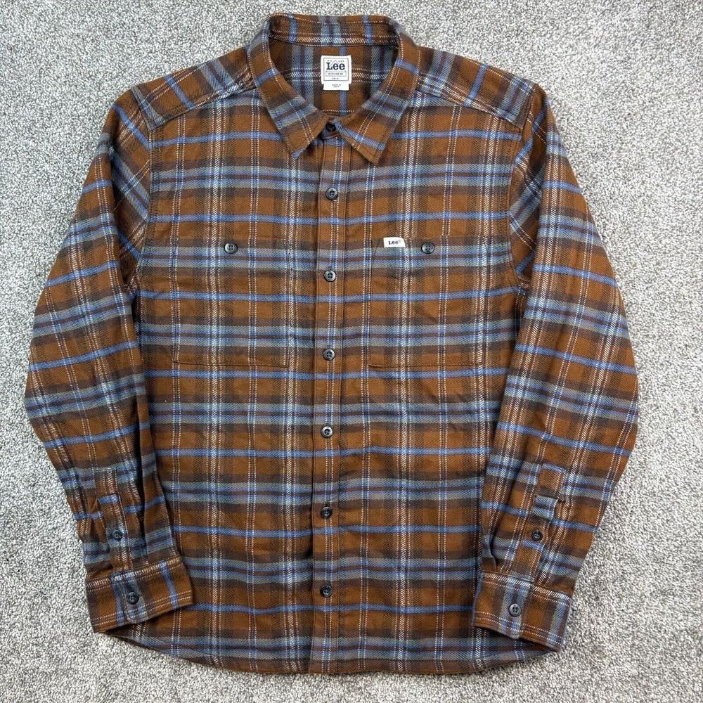 Vintage Lee Flannel Shirt Mens Medium Brown Blue Tartan Plaid Heavyweight Button
